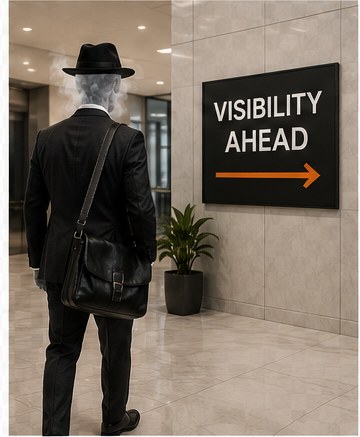 The Corporate Ghost facing a Visibility Ahead sign