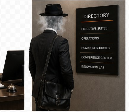 The Corporate Ghost reading an office directory