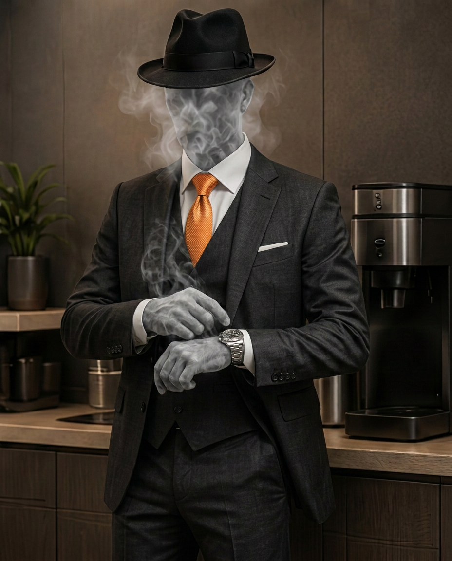The Corporate Ghost checking his wristwatch
